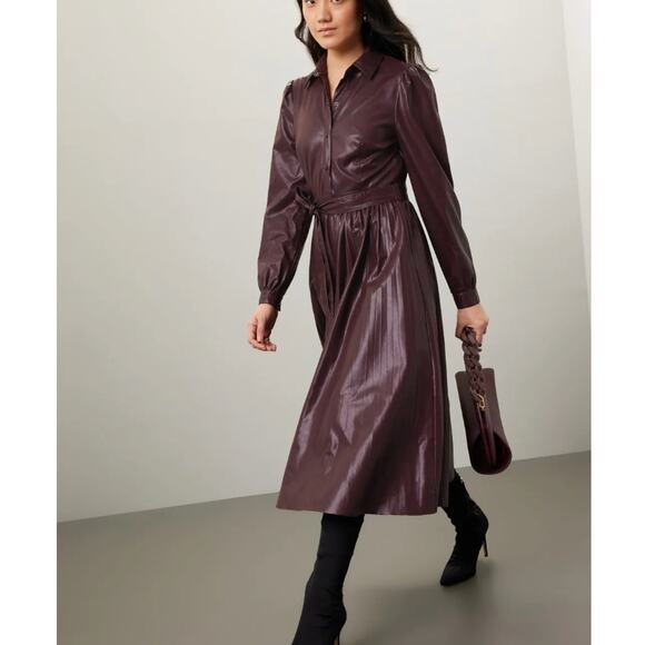 Peter Som Brown Faux Leather Midi Dress Size 10 Fit n Flare Career Designer $430 - Picture 4 of 11